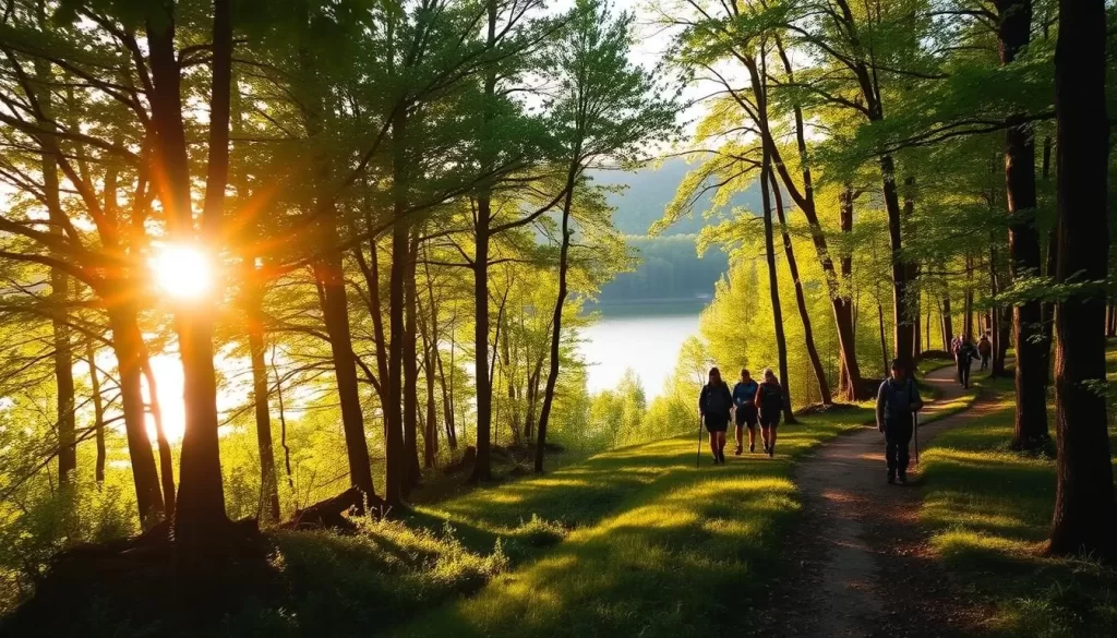 A serene landscape of a lush, verdant state park in Ohio, with towering trees lining the edges of a gently winding trail. The sun's golden rays filter through the canopy, casting a warm glow on the rich, earthy tones of the forest floor. In the middle distance, a tranquil lake reflects the surrounding foliage, its surface rippling softly in a gentle breeze. A group of hikers, clad in outdoor gear, meander along the path, immersed in the peaceful natural setting. The overall atmosphere evokes a sense of adventure, exploration, and appreciation for the natural beauty of Ohio's state parks.