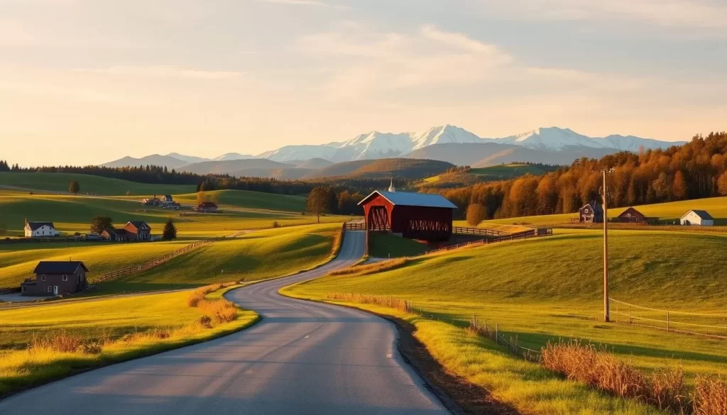 A serene landscape of rolling green hills, dotted with cozy farmhouses and quaint villages. In the foreground, a winding country road leads the way, inviting the viewer to embark on an affordable road trip. The mid-ground features a picturesque covered bridge, a Vermont icon, casting soft shadows under the warm, golden sunlight. In the distance, majestic mountains rise up, their peaks capped with a light dusting of snow, creating a breathtaking backdrop. The overall atmosphere exudes a sense of tranquility and accessibility, perfectly capturing the essence of a budget-friendly travel experience in Vermont.