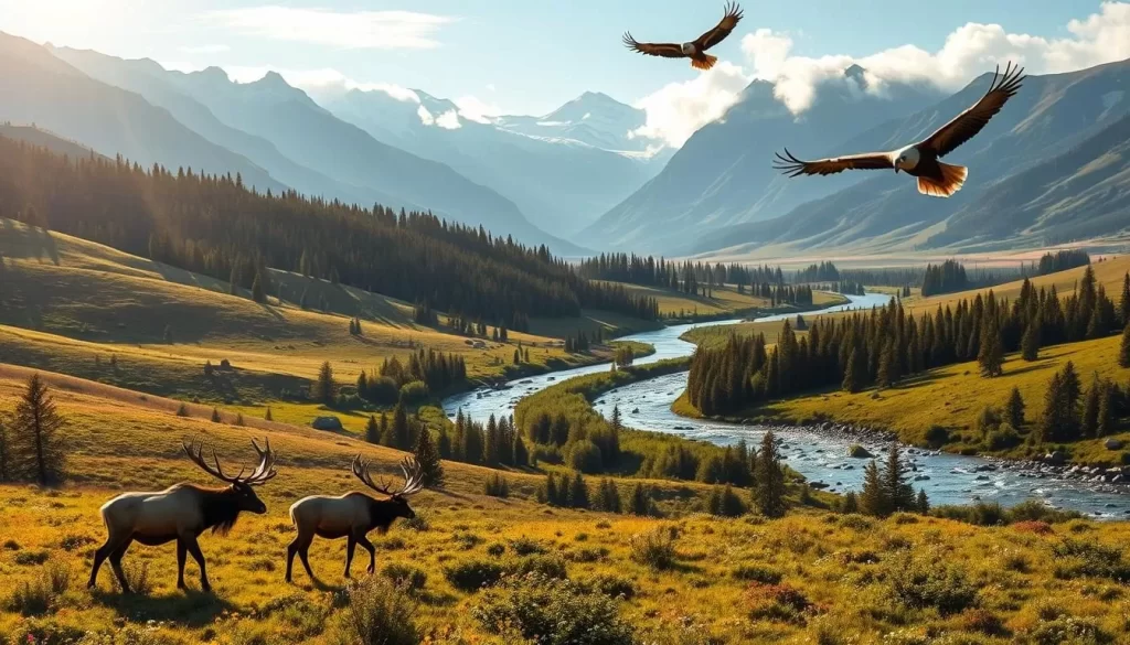 A serene landscape of rolling hills and lush forests, bathed in the warm glow of a late afternoon sun. In the foreground, a small herd of elk graze peacefully, their majestic antlers silhouetted against the vibrant greenery. A pair of bald eagles soar overhead, their keen eyes scanning the terrain for signs of prey. In the middle distance, a crystal-clear mountain stream winds its way through the valley, its banks dotted with wildflowers and a family of otters playing in the shallows. The background is dominated by a breathtaking panorama of snow-capped peaks, their rugged slopes shrouded in wispy clouds. The overall mood is one of tranquility and wonder, inviting the viewer to immerse themselves in the beauty of this untamed wilderness.