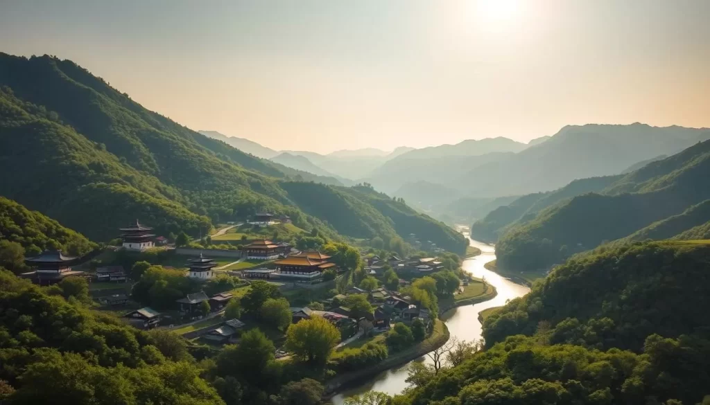 A serene landscape of rolling hills and lush valleys in North Chungcheong Province, South Korea. Vibrant green forests cover the undulating terrain, dotted with traditional Korean villages nestled between towering mountain peaks. The warm sun casts a golden glow over the scene, illuminating the intricate details of ancient Buddhist temples and traditional hanok houses. A meandering river winds its way through the heart of the province, its tranquil waters reflecting the surrounding natural beauty. The overall atmosphere conveys a sense of timeless tranquility and the untamed essence of Korea's hidden heartland.