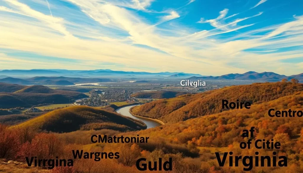 A serene landscape of rolling hills and winding rivers across the beautiful Commonwealth of Virginia. The foreground showcases a diverse array of linguistic icons, representing the various languages spoken by its inhabitants - from Spanish and English to Vietnamese, Korean, and Arabic. In the middle ground, quaint towns and bustling cities dot the horizon, each with its own linguistic tapestry. The background features a stunning blue sky with wispy clouds, bathing the scene in a warm, golden light. The overall impression is one of harmony and cultural richness, reflecting the vibrant linguistic landscape of this dynamic state.