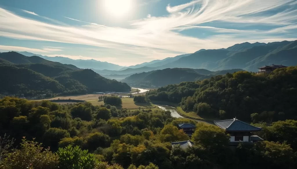 A serene landscape of rolling hills, dotted with verdant forests and meandering streams, in the picturesque South Chungcheong Province of South Korea. Sunlight filters through wispy clouds, casting a warm glow over the tranquil scene. In the foreground, traditional Korean architecture nestles amidst lush vegetation, while in the distance, majestic mountains rise up, their peaks capped with a dusting of snow. A sense of timeless beauty and natural harmony pervades the atmosphere, inviting the viewer to immerse themselves in the hidden wonders of this enchanting region.