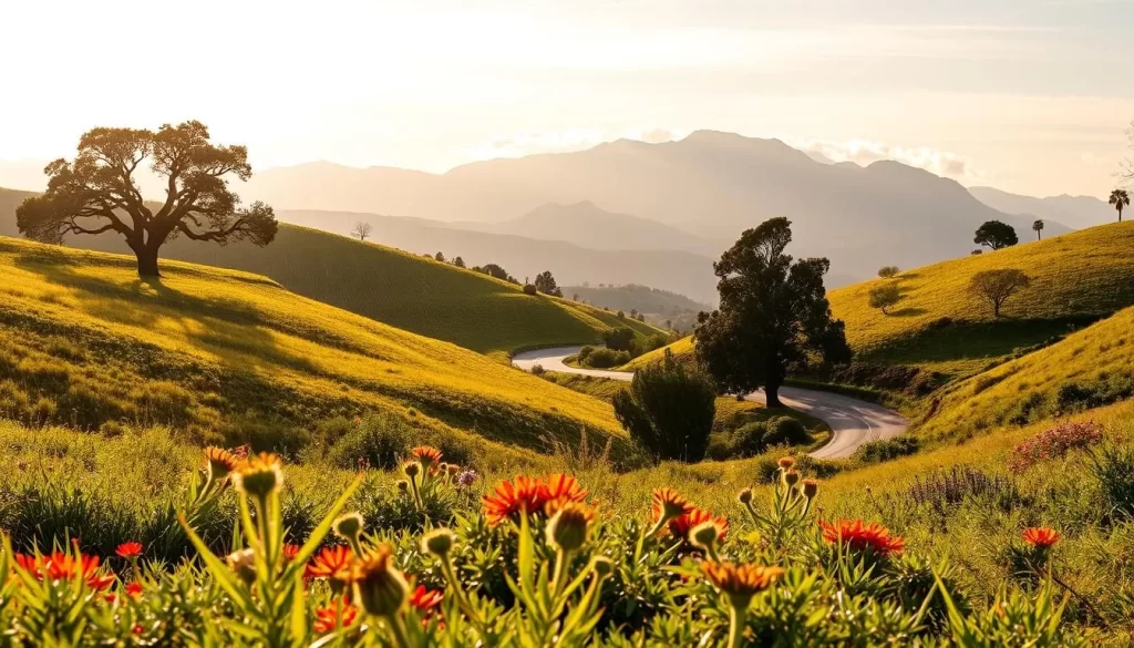 A serene landscape of rolling hills in California, bathed in warm sunlight. In the foreground, lush vegetation glistens with gentle rainfall, capturing the essence of the state's seasonal weather patterns. The middle ground features a winding road, flanked by vibrant wildflowers and towering oak trees. In the distance, a majestic mountain range stands tall, its peaks partially obscured by wispy clouds. The overall scene conveys a peaceful and atmospheric ambiance, perfect for illustrating the monthly temperature and rainfall guide for a weather-savvy trip to California.