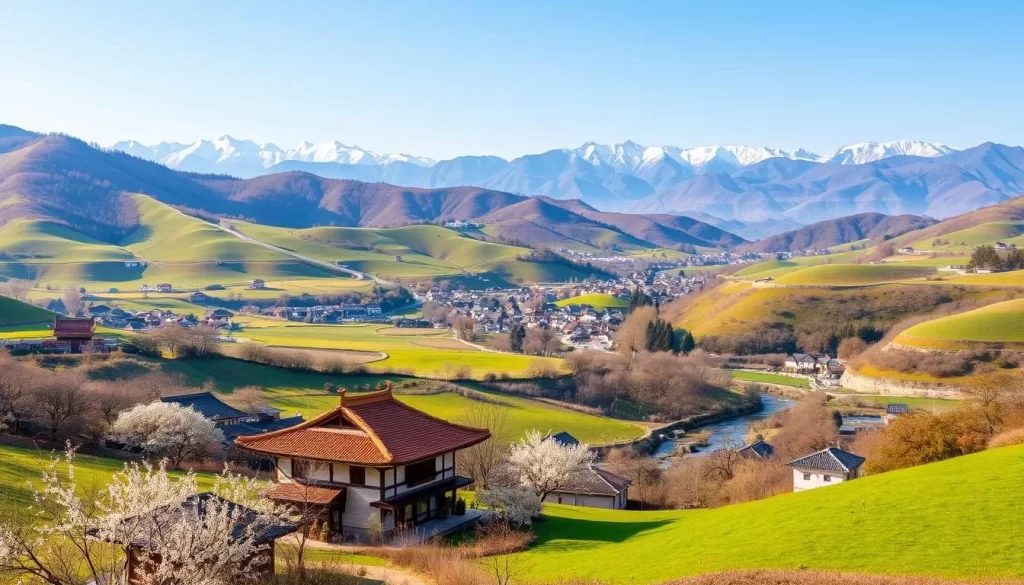 A serene landscape of rolling hills, lush green meadows, and winding streams in the North Chungcheong Province of South Korea. In the foreground, a traditional Korean hanok-style house nestled among blossoming trees, its clay-tiled roof catching the warm, golden sunlight. The mid-ground features a rural village, with quaint shops and homes dotting the gently sloping terrain. In the distance, majestic mountain peaks rise, their snow-capped summits glistening under a clear, azure sky. The scene exudes a tranquil, pastoral atmosphere, capturing the essence of the region's natural beauty and traditional architectural heritage.