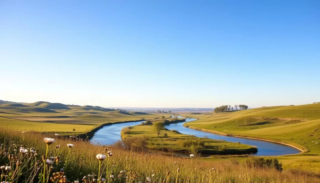 A serene landscape of rolling hills, lush meadows, and winding rivers under a bright blue sky in Nebraska during the warm summer months. The scene is bathed in golden sunlight, casting a soft, natural glow across the verdant foliage and tranquil waterways. In the foreground, blooming wildflowers sway gently in a light breeze, while in the distance, majestic cottonwood trees dot the horizon. The overall atmosphere radiates a sense of peaceful tranquility, inviting the viewer to experience the natural beauty and temperate climate that makes Nebraska an ideal destination for a weather-savvy trip.