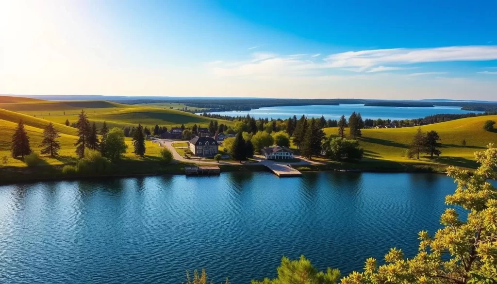 A serene landscape of the Iowa Great Lakes region, captured on a picturesque summer day. In the foreground, a tranquil lake reflects the azure sky and lush, verdant shoreline. Gently rolling hills dotted with tall pines frame the scene, creating a sense of depth and natural beauty. Soft, diffused lighting illuminates the scene, casting a warm, golden glow over the entire composition. The middle ground features a small, charming town with historic buildings and a quaint pier, inviting visitors to explore the local culture and amenities. In the distance, the horizon is punctuated by the striking silhouettes of the Iowa Great Lakes, their serene waters beckoning outdoor enthusiasts to discover the region's abundant recreational opportunities.