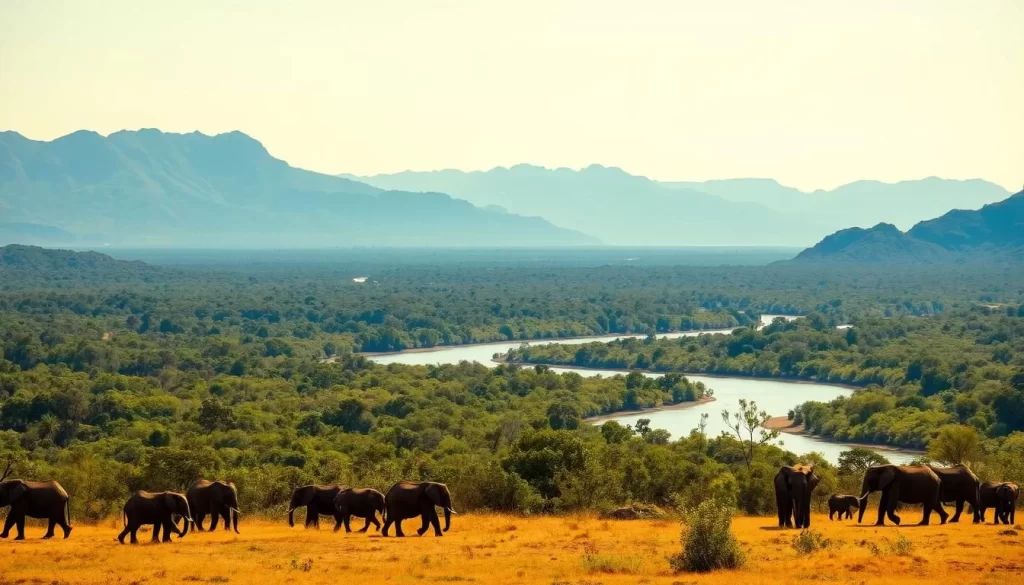 A serene landscape of the Kruger National Park in South Africa, captured on a bright and sunny day. The foreground features a herd of elephants leisurely grazing, their gentle movements conveying a sense of tranquility. In the middle ground, a winding river reflects the surrounding lush, verdant foliage, while the distant horizon is framed by rugged, sun-dappled mountains. The scene is bathed in warm, golden light, creating a picturesque and inviting atmosphere perfect for a visit during the best time to explore Nelspruit.