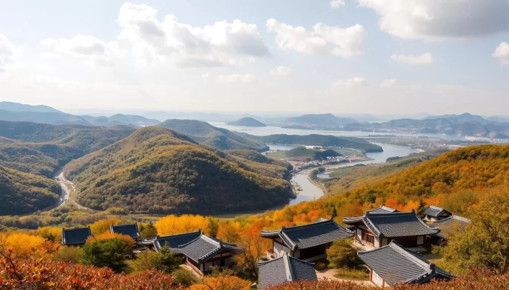 A serene landscape of the North Jeolla Province, South Korea, unfolds before the viewer. Lush green hills and valleys stretch out in the distance, adorned with meandering rivers and sparkling lakes. Vibrant autumn foliage paints the scene with warm hues, casting a golden glow across the terrain. In the foreground, traditional Korean architecture, such as tiled-roof hanok houses, nestles among the natural wonders, blending harmoniously with the surrounding environment. The clear sky overhead is punctuated by fluffy white clouds, and the gentle sunlight filters through, creating a tranquil and inviting atmosphere. This picturesque geographic setting serves as the backdrop for the cultural treasures of the North Jeolla Province.