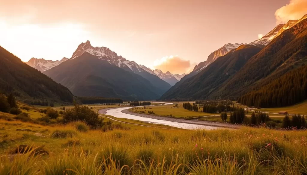 A serene landscape of the majestic Munzur Valley mountains under a warm, golden-hued sky. Towering peaks with snow-capped summits stand tall, their rugged slopes dotted with lush, verdant foliage. A winding river cuts through the valley, its crystal-clear waters reflecting the natural beauty surrounding it. In the foreground, a lush, grassy meadow with vibrant wildflowers sways gently in the breeze. The scene is bathed in a soft, diffused light, creating a tranquil and inviting atmosphere. Capture the essence of this stunning natural wonder, showcasing the breathtaking beauty of the Munzur Valley during a picturesque, pleasant day.