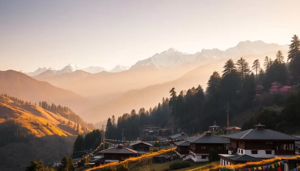 A serene landscape set in the heart of the Himalayas, showcasing the vibrant cultural diversity of the Tibeto-Burman language family. In the foreground, a picturesque village nestled among rolling hills, with traditional wooden houses and colorful prayer flags fluttering in the gentle breeze. In the middle ground, a lush forest of towering pine and rhododendron trees, with sunlight filtering through the canopy. In the background, the majestic snow-capped peaks of the Himalayas rise majestically, creating a breathtaking backdrop. The scene is illuminated by warm, golden sunlight, casting a serene and tranquil atmosphere. The camera angle is slightly elevated, capturing the expanse of the landscape and the harmonious coexistence of nature and traditional Tibeto-Burman culture.