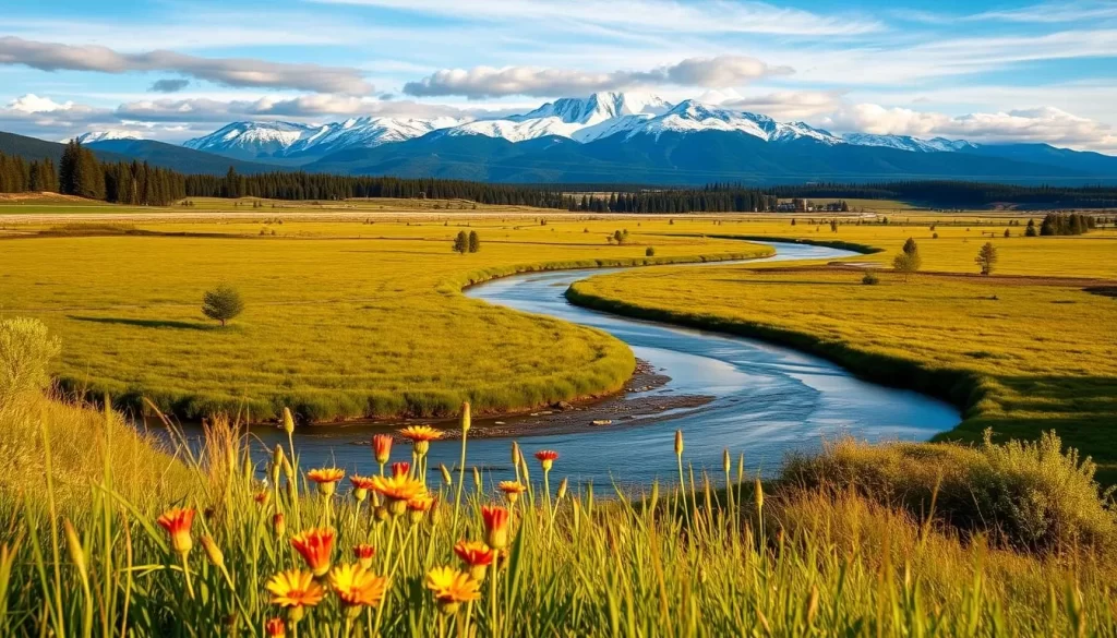 A serene landscape showcasing the diverse climate of Washington, USA. In the foreground, a lush meadow with vibrant wildflowers sways gently in a light breeze. The middle ground features a winding river, its calm waters reflecting the azure sky above. In the background, a majestic mountain range rises, their snow-capped peaks piercing the clouds. The warm, golden hues of the sun cast a soft, inviting glow over the entire scene, creating a picturesque and tranquil atmosphere.
