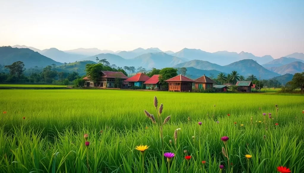 A serene landscape showcasing the diverse language families of Assam, India. In the foreground, a verdant meadow with lush, swaying grasses and vibrant wildflowers. In the middle ground, a cluster of traditional Assamese houses, their colorful roofs and intricate woodcarvings reflecting the cultural heritage. Beyond, rolling hills and majestic mountains rise, their peaks bathed in warm, golden sunlight. The scene is illuminated by a soft, diffused lighting, creating a tranquil and contemplative atmosphere. The image conveys the rich linguistic tapestry of Assam, where multiple language families, including Indo-Aryan, Sino-Tibetan, and Austroasiatic, coexist in harmony.