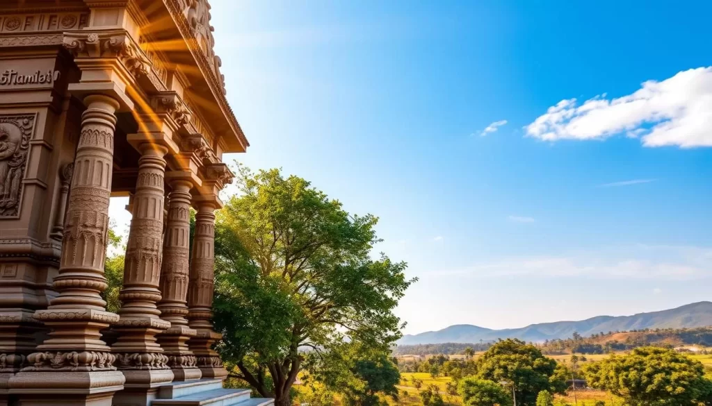 A serene landscape showcasing the essence of the Tamil language. In the foreground, a majestic temple stands tall, its ornate architecture and intricate carvings reflecting the rich cultural heritage of Tamil Nadu. Rays of warm, golden sunlight filter through the temple's intricate columns, casting a soft, inviting glow. In the middle ground, lush, verdant trees sway gently in the breeze, their leaves rustling softly. In the background, rolling hills and a clear, azure sky create a tranquil and picturesque setting. The overall atmosphere conveys a sense of timelessness and reverence for the Tamil language and its deep-rooted traditions.