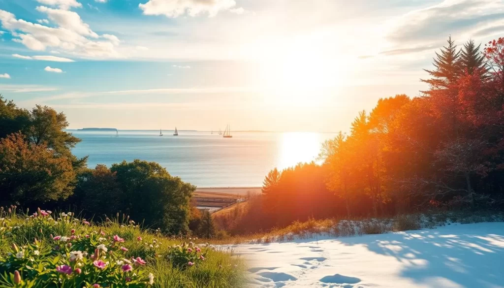 A serene landscape showcasing the four seasons of Rhode Island: a lush, verdant springtime meadow with wildflowers in bloom, a sun-dappled summer beach scene with sailboats on the calm waters, a picturesque autumn forest ablaze with vibrant foliage, and a tranquil winter wonderland blanketed in a pristine layer of crisp, sparkling snow. Capture the essence of the state's diverse climate and natural beauty through a carefully composed photograph, framed by a warm, golden light and a soft, atmospheric haze that imbues the scene with a sense of timeless beauty and wonder.