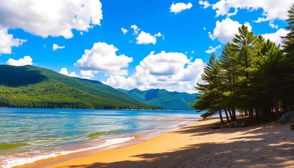 A serene landscape showcasing the majestic Great Lakes region. In the foreground, a picturesque shoreline with gently lapping waves and a sandy beach. Towering pine trees line the shore, casting soft shadows. In the middle ground, rolling hills covered in lush, verdant forests stretch into the distance. The sky is a brilliant azure, with fluffy white clouds drifting overhead, illuminated by warm, golden sunlight. In the background, the shimmering expanse of one of the Great Lakes, its waters a deep, tranquil blue. The scene exudes a sense of peaceful tranquility, inviting the viewer to explore and discover the natural beauty of this remarkable region.