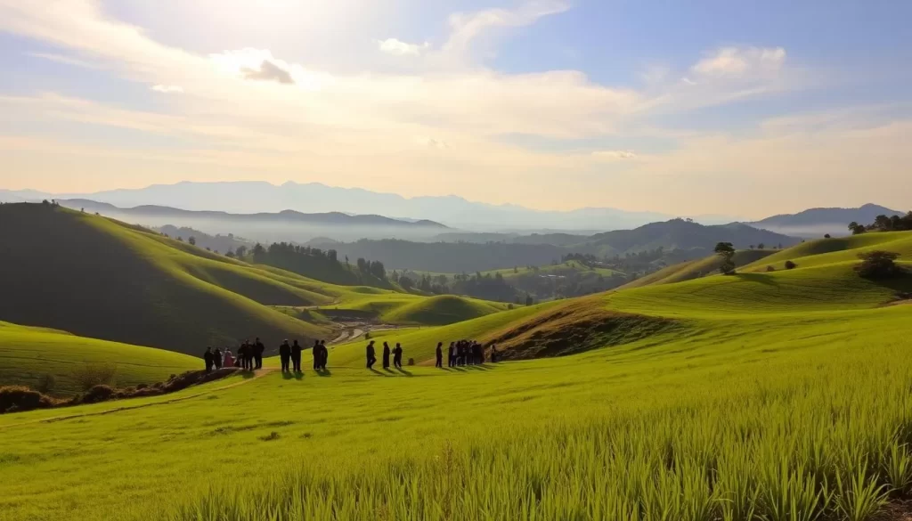 A serene landscape showcasing the natural beauty of Madhya Pradesh, India during the winter months. Capture a picturesque scene with lush, verdant fields and rolling hills in the foreground, bathed in warm, golden sunlight. In the middle ground, depict a group of travelers exploring the region, dressed in light, comfortable clothing. In the distance, render majestic mountains and a clear, azure sky dotted with wispy clouds. Imbue the scene with a sense of tranquility and wonder, conveying the optimal weather conditions and idyllic atmosphere that make this the prime time to visit Madhya Pradesh.