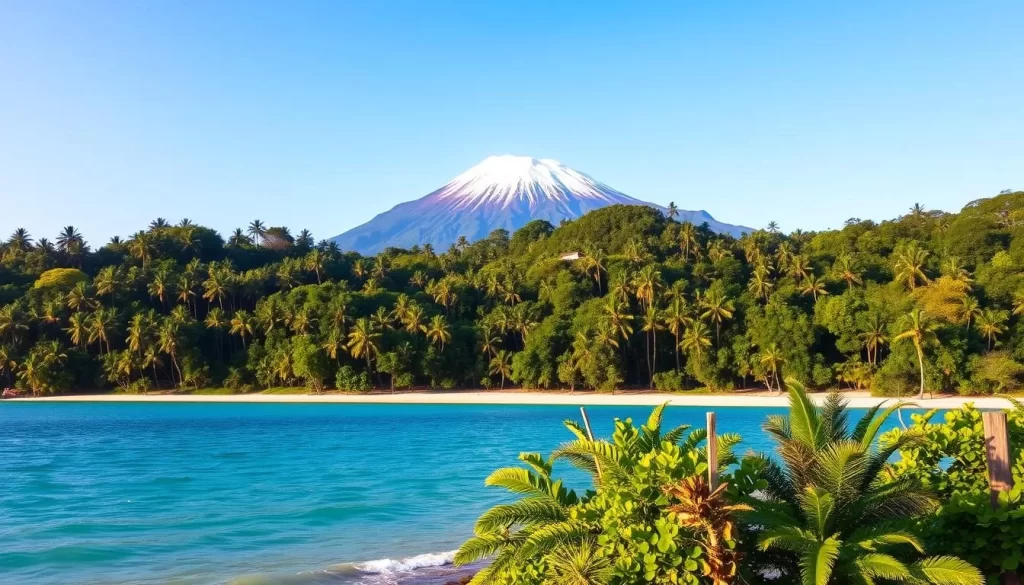 A serene landscape showcasing the natural beauty surrounding Kota Kinabalu, Malaysia. In the foreground, a picturesque beach with glistening turquoise waters and soft sandy shores. In the middle ground, lush, verdant rainforests with towering palm trees and vibrant foliage. In the background, the majestic Mount Kinabalu stands tall, its snow-capped peaks piercing the clear, azure sky. The scene is bathed in warm, golden sunlight, creating a peaceful and inviting atmosphere. The overall composition highlights the varied and captivating day trip options available from the bustling city of Kota Kinabalu.