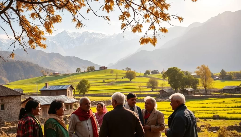 A serene landscape showcasing the rich cultural heritage of Dogri language. Set against the backdrop of majestic Himalayan peaks, a picturesque village unfolds with traditional stone houses and lush, verdant fields. In the foreground, a group of locals converse animatedly, their faces filled with warmth and pride as they celebrate the vibrant Dogri dialect. Warm, golden sunlight filters through the trees, casting a gentle glow over the scene. A sense of timelessness and community permeates the image, capturing the essence of Dogri - a language deeply woven into the fabric of Jammu and Kashmir.