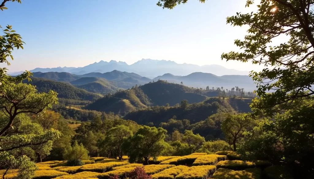 A serene landscape showcasing the varied climate patterns of Nantou County, Taiwan. In the foreground, a lush, verdant forest canopy casts dappled shadows on the mossy ground below. The middle ground reveals rolling hills, their slopes adorned with vibrant orchards and tea plantations, basking in the warm, golden sunlight. Beyond, the majestic silhouettes of rugged mountain peaks pierce the clear, azure sky, their snow-capped summits glimmering in the distance. The scene evokes a sense of tranquility and harmony, reflecting the diverse microclimates that shape the unique character of this captivating region.