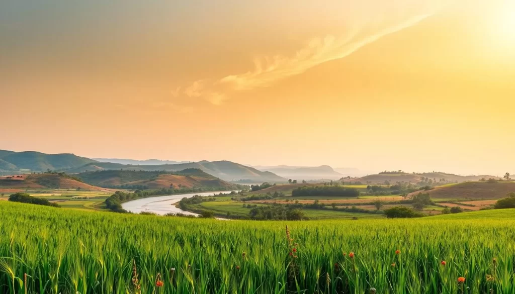 A serene landscape under a warm, golden sky showcasing Bihar's diverse climate patterns. In the foreground, lush, verdant fields stretch out, dotted with swaying wheat crops and vibrant wildflowers. The middle ground features a winding river, its glistening waters reflecting the sun's rays. In the distance, rolling hills rise up, their slopes covered in a patchwork of varying hues - from the deep greens of dense forests to the ochre tones of arid scrubland. Wispy cirrus clouds drift overhead, casting gentle shadows across the scene. The overall mood is one of tranquility and natural abundance, capturing the essence of Bihar's varied and captivating climate.