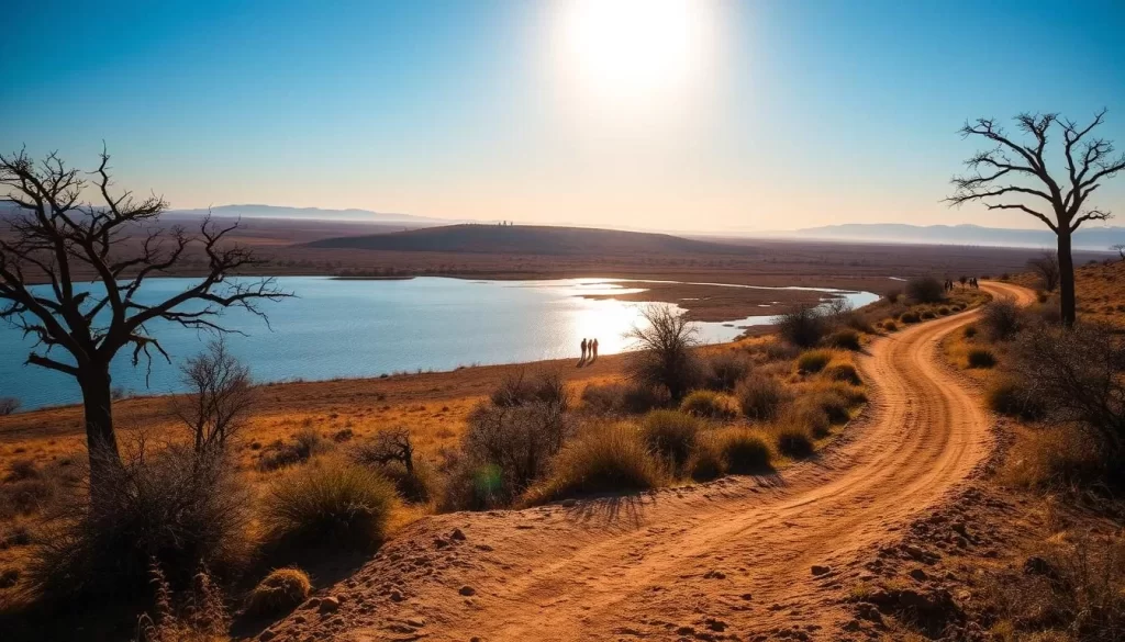 A serene landscape under the warm glow of the dry season sun. In the foreground, a winding dirt path leads through a sparse, drought-tolerant savanna, dotted with hardy shrubs and gnarled trees. The middle ground reveals a tranquil lake, its surface reflecting the azure sky. Along the shore, visitors stroll leisurely, taking in the peaceful ambiance. In the distance, rolling hills and a hazy horizon frame the scene, conveying a sense of timeless tranquility. Natural lighting casts soft shadows, creating depth and dimension. Employ a wide-angle lens to capture the expansive vista in rich, cinematic detail.