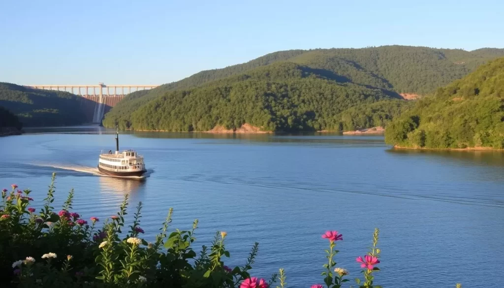 A serene landscape unfolding along the picturesque banks of the Tennessee River, where the Shoals region of northern Alabama comes to life. Gentle hills and lush forests frame the scene, with the historic Wilson Dam cutting a striking silhouette against the clear sky. In the foreground, a quaint riverboat glides across the calm waters, its wake creating rippling patterns. Vibrant greenery and flowering plants dot the shoreline, inviting exploration. Warm, soft lighting bathes the entire tableau, conveying a tranquil, almost timeless atmosphere. This idyllic setting captures the natural beauty and historic charm that define the Shoals, ready to transport the viewer to this enchanting corner of the American South.