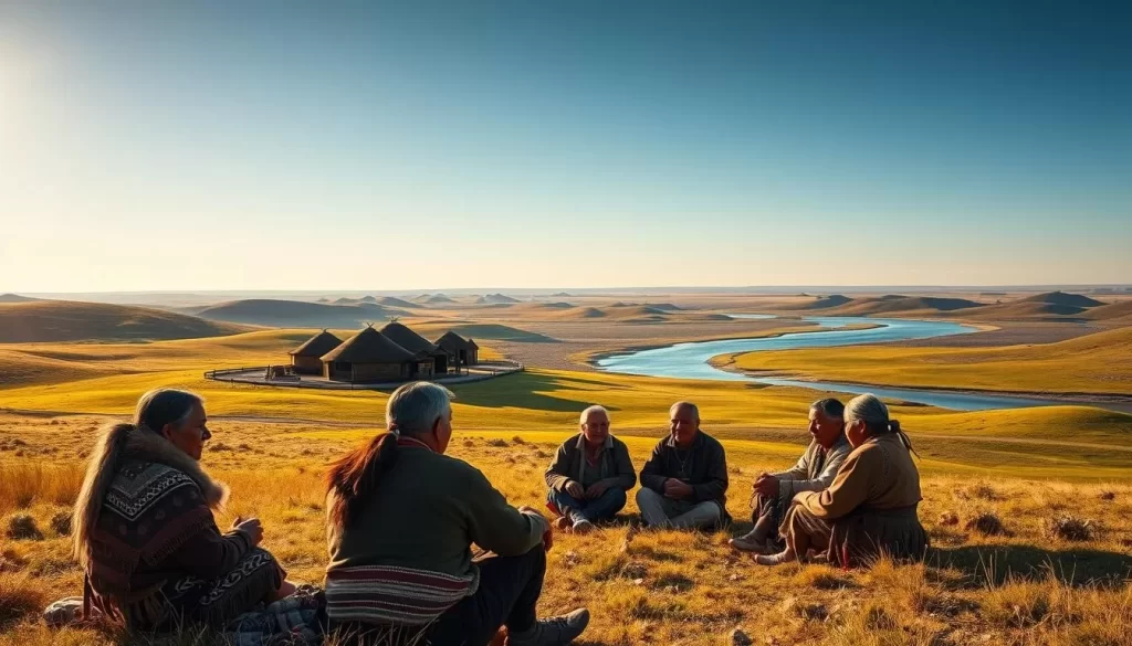 A serene landscape with rolling hills and verdant meadows, illuminated by warm, golden sunlight. In the foreground, a group of indigenous elders sits in a circle, engaged in a deep, thoughtful discussion, their faces etched with wisdom and experience. Behind them, a cluster of traditional dwellings, their intricate designs and earthy tones blending seamlessly with the natural surroundings. In the distance, a majestic river winds its way through the landscape, its gentle currents reflecting the azure sky above. The scene exudes a sense of timelessness and cultural richness, inviting the viewer to immerse themselves in the ancient and vibrant heritage of the indigenous peoples of Nebraska.
