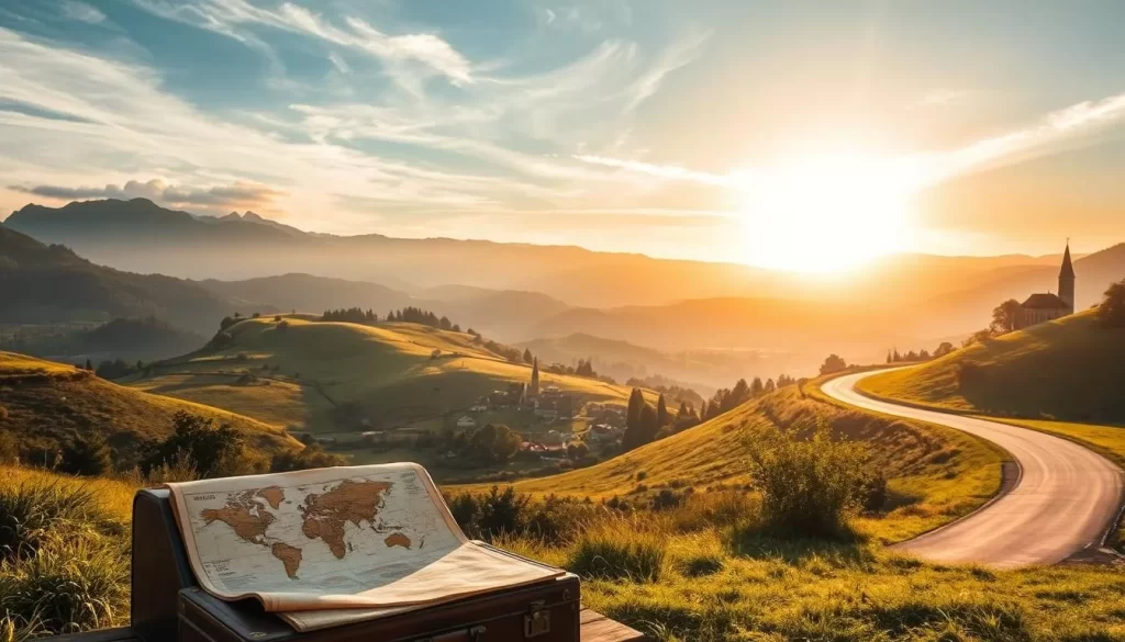 A serene landscape with rolling hills, lush greenery, and a winding road leading into the distance. The warm morning sunlight filters through wispy clouds, casting a soft glow over the scene. In the foreground, a vintage suitcase and a weathered map sit atop a wooden bench, hinting at the journey to come. The middle ground features a picturesque small town with charming buildings and a steepled church, inviting the viewer to explore. In the background, the silhouette of majestic mountains rises, creating a sense of scale and adventure. The overall atmosphere evokes a feeling of tranquility, anticipation, and the promise of an unforgettable travel experience.
