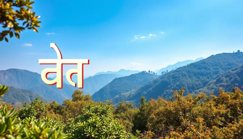 A serene landscape with the Hindi script prominently displayed as the official language of India. The script floats elegantly in the foreground, illuminated by warm, natural lighting that casts a gentle glow over the scene. In the middle ground, lush, vibrant greenery frames the composition, hinting at the rich cultural heritage of the region. The background features a picturesque mountainous vista, with a clear, azure sky overhead, conveying a sense of tranquility and timelessness. The overall atmosphere is one of reverence and pride, celebrating the significance of Hindi as the primary official language of Uttarakhand.