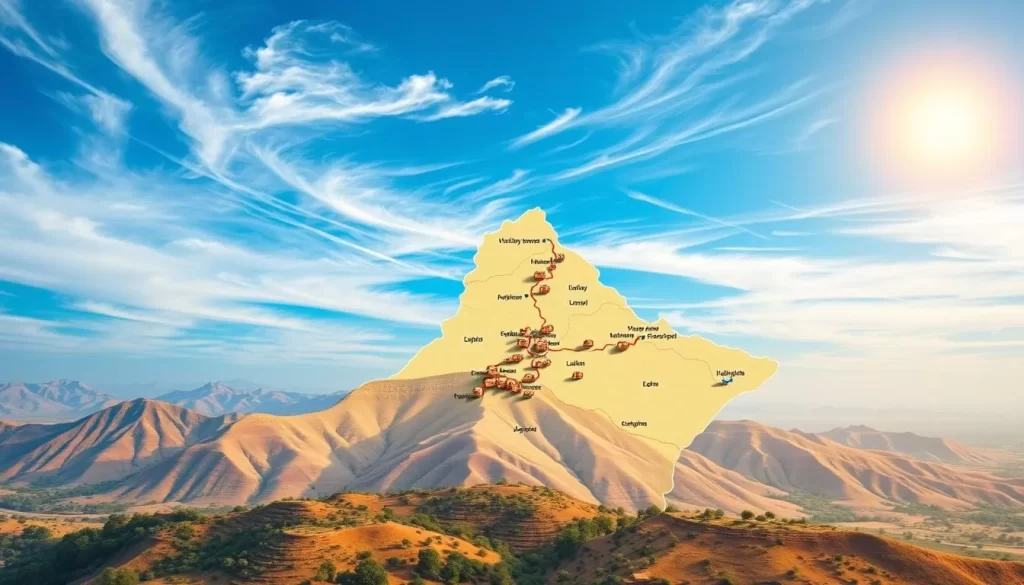 A serene map of the Marwari language distribution across the vibrant state of Rajasthan, India. In the foreground, a detailed topographical rendering of the region, with rolling hills, rivers, and lush vegetation. The middle ground showcases clusters of villages and towns, each represented by delicate icons denoting the prevalence of the Marwari dialect. The background features a stunning blue sky, with wispy clouds and a warm, golden sun casting a gentle glow over the entire scene. The overall composition conveys a sense of cultural richness and linguistic diversity, reflecting the dominant Rajasthani dialect of Marwari.