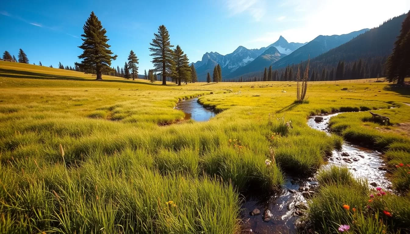 A serene meadow in the heart of Wyoming, bathed in warm afternoon sunlight. In the foreground, a gently winding stream reflects the azure sky above. Lush, verdant grasses sway in a gentle breeze, dotted with vibrant wildflowers. The middle ground features a stand of tall, majestic pines, their branches casting soft, dappled shadows. In the distance, rugged, snow-capped peaks pierce the horizon, creating a breathtaking backdrop. The scene exudes a sense of tranquility and natural harmony, inviting the viewer to immerse themselves in the beauty of this weather-savvy, picturesque Wyoming landscape.