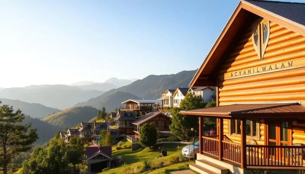 A serene, mountain-backed landscape showcasing the diverse accommodation options in Arunachal Pradesh, India. In the foreground, a charming, rustic lodge with wooden accents and a cozy porch. In the middle ground, a cluster of traditional homestays nestled among lush greenery. Further back, modern hotels and resorts peek out from behind the rolling hills, their sleek designs complementing the natural surroundings. The scene is bathed in warm, golden light, conveying a sense of comfort and adventure. Crisp, clear skies and the distant snow-capped peaks create a picturesque, weather-savvy atmosphere.