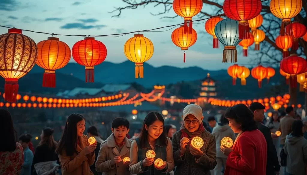 A serene night in Hsinchu County, Taiwan, bathed in the warm glow of lantern displays. In the foreground, intricate paper lanterns in vibrant hues of red, gold, and blue sway gently in the cool evening breeze, casting a magical ambiance. In the middle ground, families gather, sharing mooncakes and stories, their faces illuminated by the soft light. The background features a picturesque landscape, with rolling hills and the silhouette of a temple in the distance, creating a harmonious and peaceful scene. The image is captured with a wide-angle lens, emphasizing the scale and grandeur of the lantern festival, with a slight tilt-shift effect to draw the viewer's eye towards the central family gathering. The overall mood is one of celebration, tradition, and the cherished bonds of family.