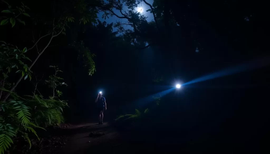 A serene night walk in the enchanting Mulu National Park, Malaysia. The trail winds through a lush, towering rainforest canopy, illuminated by the soft glow of the moon. Shadows dance across the path, as the gentle breeze rustles the leaves overhead. In the distance, the faint calls of nocturnal creatures echo, creating a soothing symphony of nature. The air is cool and crisp, inviting the explorer to venture deeper into this magical, untamed landscape. A single hiker, equipped with a headlamp, navigates the path, their footsteps crunching on the mossy ground, immersed in the serene tranquility of this nocturnal adventure.