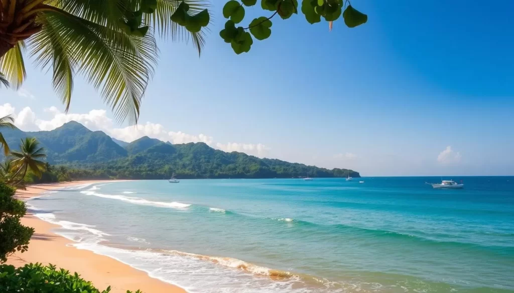 A serene oceanfront vista of Khao Lak's coastline, its golden sands and emerald waters lapped by gentle waves under a bright, cloudless sky. Lush tropical foliage frames the scene, swaying palms and verdant hills rising in the distance. A few small fishing boats dot the horizon, their hulls glistening in the warm sunlight. The tranquil atmosphere invites one to pause and take in the natural beauty of this hidden coastal gem, a peaceful escape from the world.