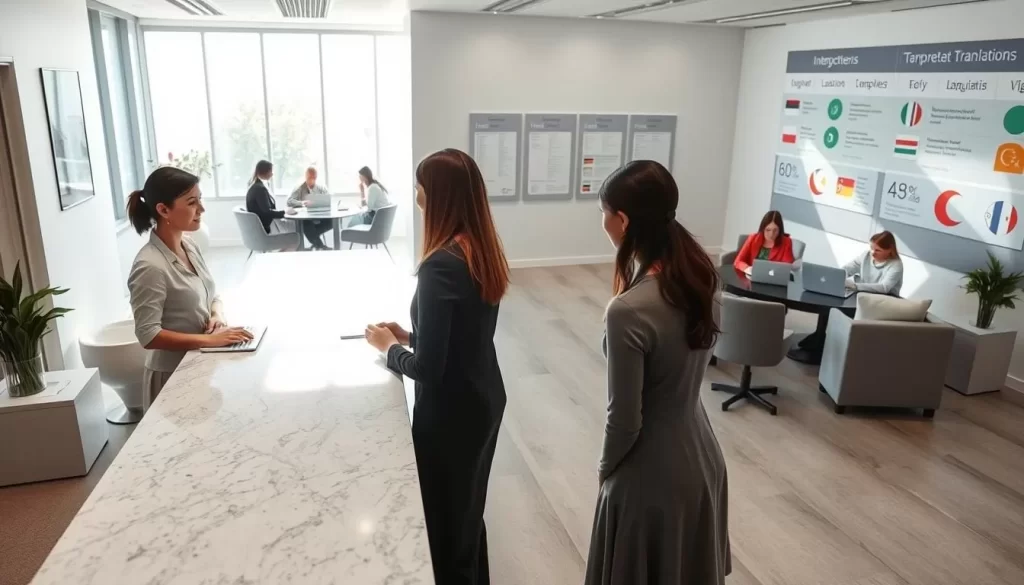 A serene office setting, sunlight streaming through large windows, illuminating a spacious room with sleek modern furniture. In the foreground, a multilingual receptionist greets clients at a smooth granite counter, their name tags and signage in multiple languages. Behind them, a team of interpreters and translators huddle over laptops, focused on their work. In the background, a wall-mounted display showcases the range of services offered - from document translation to language lessons. The atmosphere is professional yet welcoming, reflecting the diverse linguistic needs of the community.