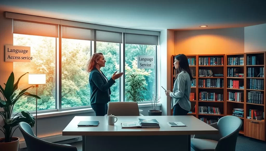 A serene office setting with a large window overlooking a lush, verdant landscape. In the foreground, a professional interpreter stands, gesturing expressively as they facilitate a conversation between two individuals. Warm, soft lighting illuminates the scene, casting a welcoming ambiance. The walls are adorned with language access service signage, emphasizing the inclusive and supportive environment. The middle ground features a modern, minimalist desk arrangement, highlighting the tools and resources available for effective communication. In the background, a bookshelf filled with multilingual dictionaries and language-learning materials suggests the depth of the language access services provided. The overall composition conveys a sense of accessibility, professionalism, and cultural understanding.