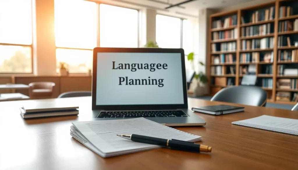 A serene office setting, with a spacious desk and a well-organized workspace. On the desk, an open laptop displays a document titled "Language Access Planning". In the foreground, a legal-sized notepad and a pen rest, suggesting an active planning session. Warm, natural lighting filters through large windows, creating a comfortable and professional atmosphere. In the background, bookshelves line the walls, conveying a sense of expertise and authority on the subject matter. The overall scene evokes a productive and thoughtful environment where language access planning is being carefully considered. A serene office setting, with a spacious desk and a well-organized workspace. On the desk, an open laptop displays a document titled "Language Access Planning". In the foreground, a legal-sized notepad and a pen rest, suggesting an active planning session. Warm, natural lighting filters through large windows, creating a comfortable and professional atmosphere. In the background, bookshelves line the walls, conveying a sense of expertise and authority on the subject matter. The overall scene evokes a productive and thoughtful environment where language access planning is being carefully considered.