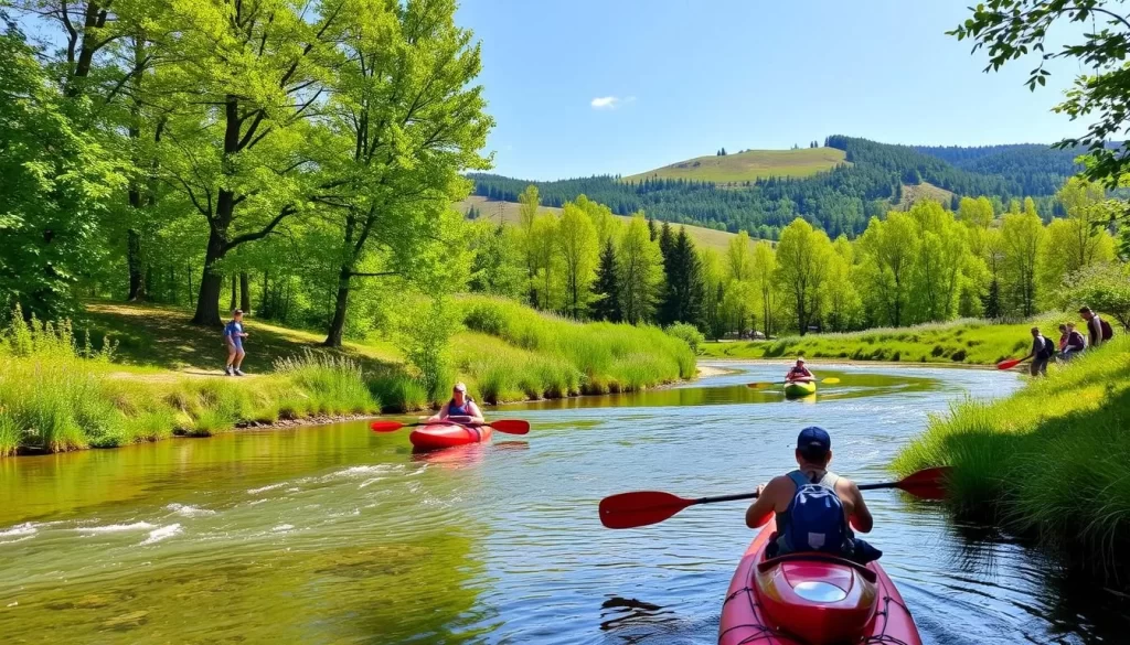 A serene outdoor scene in Diekirch, Luxembourg, showcasing the region's natural beauty. In the foreground, people kayak down a gently flowing river, paddles dipping into the crystal-clear waters. On the riverbanks, hikers traverse well-maintained trails, their backpacks and trekking poles in hand. The middle ground features lush, verdant forests, their canopy of leaves casting a warm, dappled light across the landscape. In the distance, rolling hills and mountains provide a picturesque backdrop, their slopes dotted with wildflowers and hiking paths. The overall atmosphere is one of tranquility and outdoor adventure, inviting visitors to immerse themselves in the serene beauty of Diekirch.