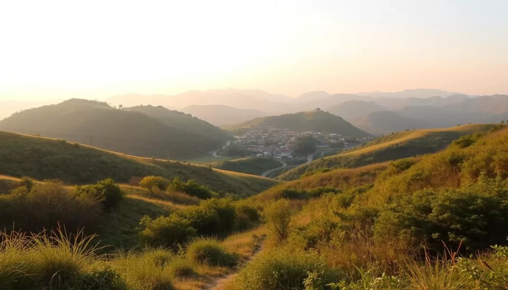 A serene outdoor scene in the Chungcheong region of South Korea. Showcase the distinct pronunciation features of the local dialect, with rolling hills, lush greenery, and a picturesque village in the middle distance. Employ warm, natural lighting that casts a soft glow, captured through a wide-angle lens to emphasize the expansive landscape. Depict the tranquil atmosphere of the region, inviting the viewer to immerse themselves in the unique linguistic identity of the Chungcheong people.