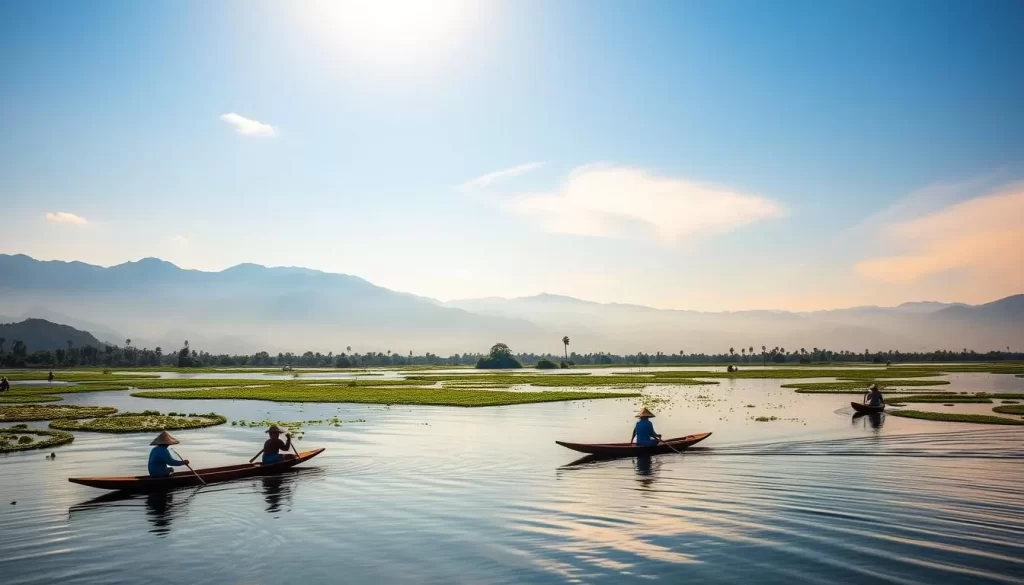 A serene panorama of Inle Lake, Myanmar, under a clear azure sky. The placid waters reflect the verdant hills and floating gardens that dot the shoreline. Traditional wooden boats with conical straw roofs glide gracefully, their skilled Intha rowers propelling them with their unique leg-rowing technique. In the distance, the silhouettes of rugged mountains frame the picturesque scene. Warm, golden sunlight filters through wispy clouds, casting a gentle glow over the entire landscape. The atmosphere is one of tranquility and harmonious coexistence between nature and the local Intha people and their traditional way of life.