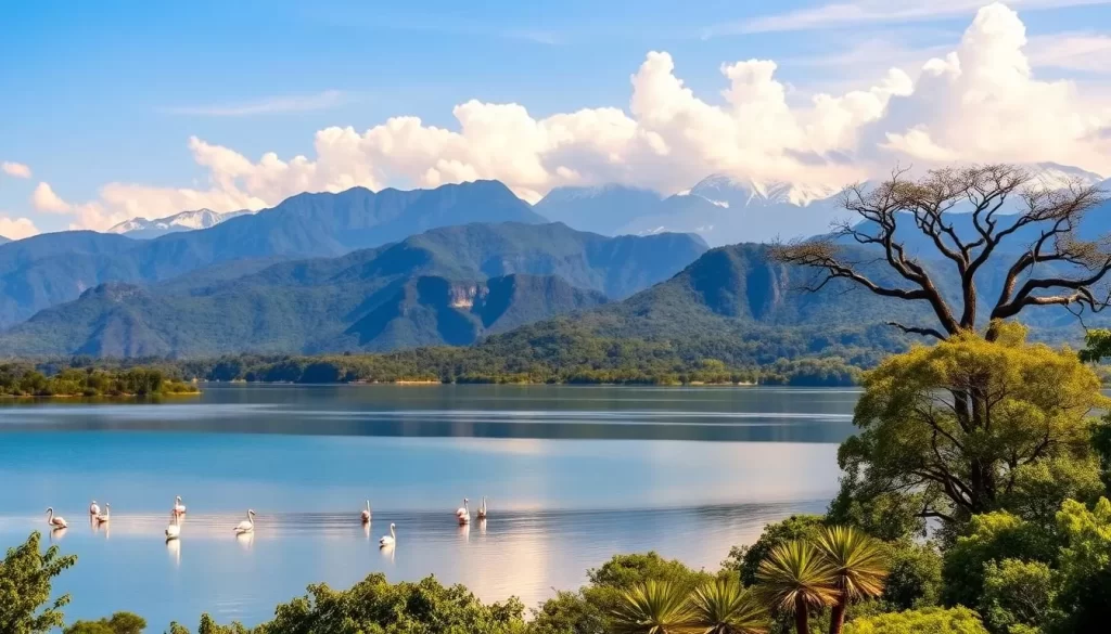 A serene panorama of Lake Manyara National Park, Tanzania. In the foreground, lush greenery and towering baobab trees frame the tranquil, azure waters of the lake. Migratory flamingos gracefully float on the surface, their vibrant pink plumage reflected in the still, mirror-like expanse. In the middle distance, rugged cliffs and escarpments rise, capped with dense forests that shelter a variety of wildlife. The background is dominated by the majestic, snow-capped peaks of the Great Rift Valley, bathed in warm, golden sunlight that filters through wispy, cotton-candy clouds. A serene, picturesque scene that captures the natural beauty and wonder of this incredible East African wilderness.