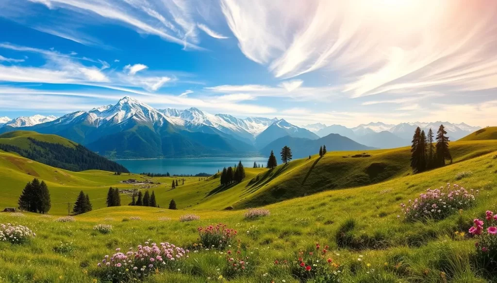 A serene panorama showcasing the diverse climate zones of Himachal Pradesh, India. In the foreground, lush green meadows and rolling hills adorned with vibrant wildflowers. The middle ground features towering snow-capped peaks, their majestic presence reflected in a tranquil lake. In the background, a clear azure sky with wispy clouds, illuminated by warm, golden sunlight filtering through. The scene captures the region's picturesque seasonal patterns, from the verdant summers to the pristine winter landscapes, inviting the viewer to experience the natural beauty of this enchanting Himalayan state.