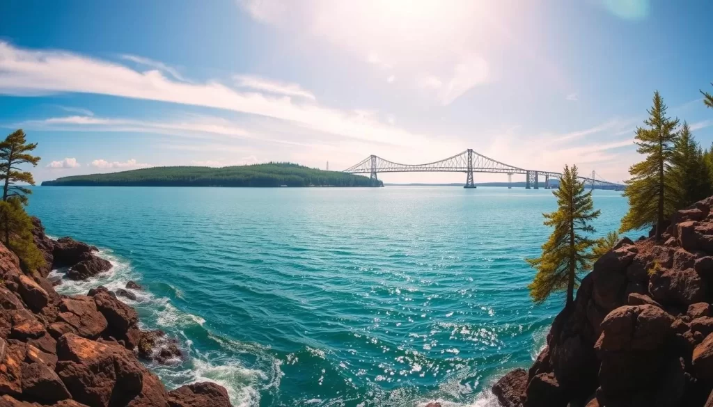 A serene, panoramic view of Lake Superior's azure waters, framed by the rugged, pine-clad shores of Duluth, Minnesota. Sunlight filters through wispy clouds, casting a warm, golden glow over the tranquil scene. In the foreground, small waves gently lap against the rocky coastline, while in the distance, the iconic Aerial Lift Bridge stands tall, a testament to the city's industrial heritage. The middle ground features a lush, verdant forest, its canopy of trees providing a peaceful backdrop to the picturesque lakefront. Captured with a wide-angle lens, this breathtaking landscape evokes a sense of natural beauty and serenity, perfectly complementing the budget-friendly activities that Duluth has to offer.