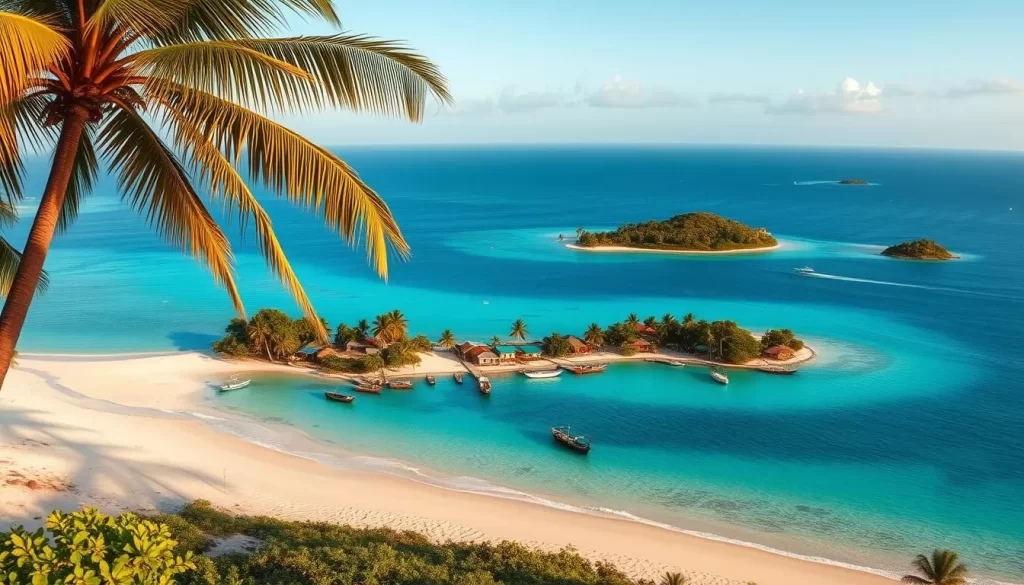 A serene panoramic view of the Lakshadweep Islands, showcasing the diverse language distribution across the archipelago. The foreground features a vibrant tropical beach with swaying palm trees, while the middle ground depicts traditional island settlements with colorful houses and boats lining the azure waters. In the background, the vast expanse of the Indian Ocean stretches out, dotted with smaller surrounding islands. The scene is bathed in warm, golden sunlight, creating a tranquil and inviting atmosphere. The image aims to visually represent the linguistic diversity and cultural richness of this unique union territory of India.
