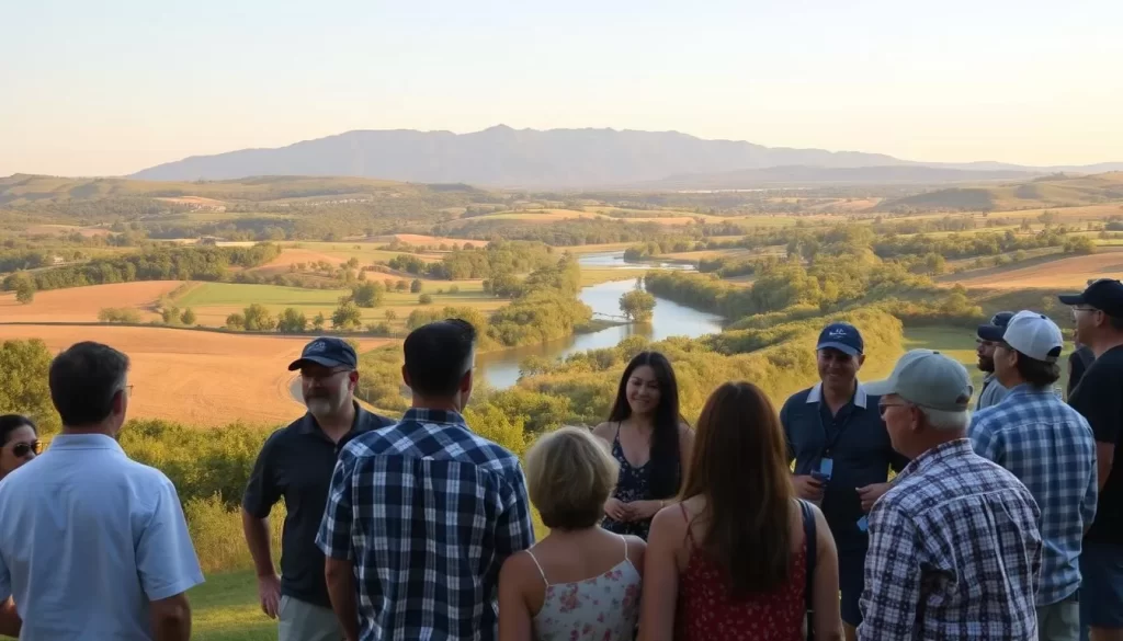 A serene pastoral scene in Arkansas, USA. In the foreground, a diverse array of people converse animatedly, representing the state's linguistic tapestry - English, Spanish, Vietnamese, Marshallese, and more. The middle ground showcases rolling hills, lush greenery, and a winding river, bathed in warm, golden sunlight. In the background, the iconic Ozark Mountains loom majestically, creating a picturesque backdrop. The atmosphere is one of vibrant cultural exchange and natural beauty, encapsulating the essence of Arkansas and its multilingual heritage.