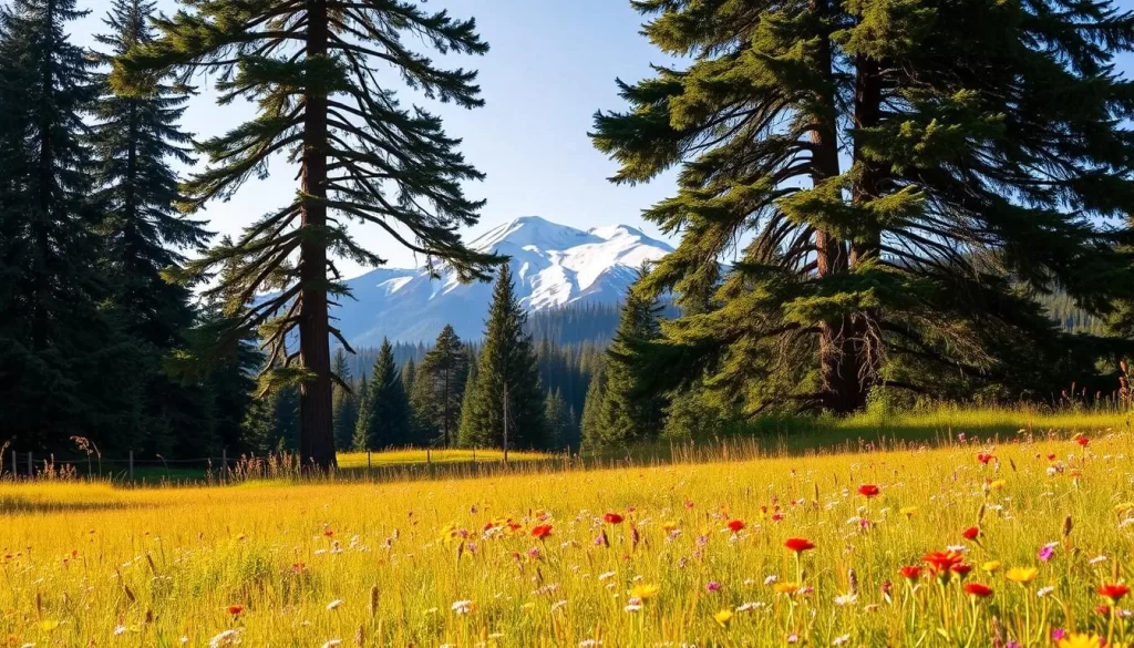 A serene pastoral scene showcasing the linguistic diversity of Oregon. In the foreground, a lush meadow dotted with vibrant wildflowers, representing the state's rich indigenous languages. Towering evergreen trees frame the middle ground, their branches swaying gently in a warm breeze. In the background, a majestic snow-capped mountain range, evoking the rugged beauty of the state. The scene is illuminated by warm, golden sunlight, creating a peaceful, tranquil atmosphere. Capture this picturesque landscape that embodies the linguistic tapestry of Oregon.