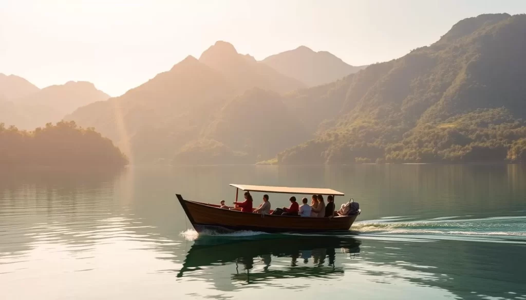 A serene, picturesque landscape of Sun Moon Lake in Nantou County, Taiwan. The shimmering waters reflect the surrounding emerald-green hills and mountains, creating a breathtaking mirror-like effect. In the foreground, a traditional Taiwanese wooden boat glides effortlessly across the lake, its passengers enjoying the tranquil ambiance. Towering peaks rise in the distance, their slopes dotted with lush, verdant foliage. Warm, golden sunlight bathes the scene, casting a soft, ethereal glow and highlighting the natural beauty of this hidden gem of Taiwan. The overall atmosphere is one of peaceful discovery and serene contemplation.