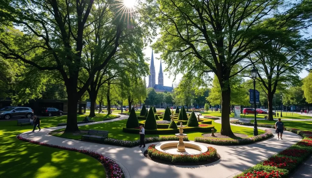 A serene public park in Mechelen, Belgium, with lush green spaces, vibrant flower beds, and winding pathways. Sunlight filters through the canopy of mature trees, casting warm, dappled shadows across the scene. In the foreground, people stroll leisurely, admiring the ornamental fountains and benches. The middle ground features neatly manicured shrubbery and well-maintained landscaping. In the background, historic buildings and church spires stand tall, creating a picturesque urban backdrop. The overall atmosphere is one of tranquility and natural beauty, inviting visitors to relax and immerse themselves in the city's charming parks and gardens.