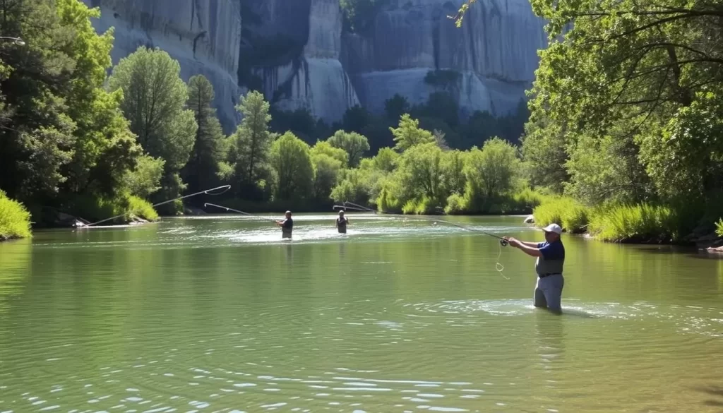 A serene scene at Bennett Spring State Park on a warm, sunny day. In the foreground, anglers cast their lines into the crystal-clear spring-fed waters, their movements graceful and deliberate. The middle ground features lush, verdant foliage lining the banks, creating a natural, inviting atmosphere. In the background, towering limestone bluffs rise up, casting gentle shadows and providing a stunning backdrop. The lighting is soft and diffused, with a warm, golden glow illuminating the entire scene. The overall mood is one of tranquility and natural beauty, perfectly capturing the essence of the park's outdoor activities.